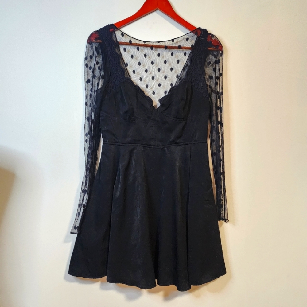 Free People Black Polka Dot Mesh Long Sleeve Dress